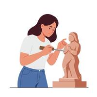 Artist sculpting a figure with tools in flat and minimal art vector