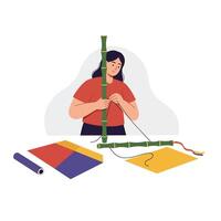 Woman crafting with colorful sheets and bamboo sticks in flat art vector