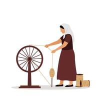 Woman using a spinning wheel in a minimal flat design art vector