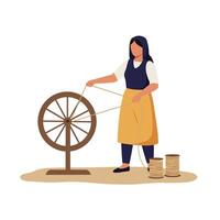 Woman using spinning wheel in minimal flat design art vector