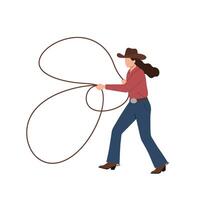 Cowgirl roping with lasso in dynamic pose, flat design art vector