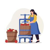 Woman operating apple press in flat design style art vector