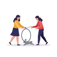 Two women performing a trick with a rabbit in a flat illustration vector