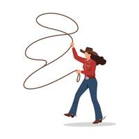 Cowgirl swinging lasso in action with flat design style art vector