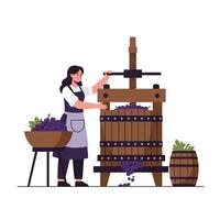 Woman operating a traditional grape press in flat art style for winemaking process vector