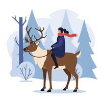 Woman riding a reindeer in a snowy landscape with minimal flat illustration vector