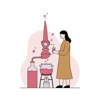 Woman conducting experiments with colorful liquids in a minimal flat design art vector