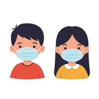 Two children wearing face masks in flat style art vector