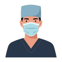 Medical professional wearing mask and scrub in flat illustration vector