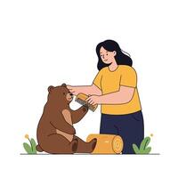 Bear receiving a grooming session in flat art style with playful elements vector