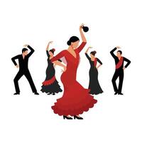Dancing flamenco performers in vibrant red dresses with minimal details illustration vector