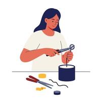 Woman using tools to craft a project in flat art vector