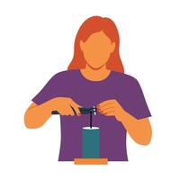 Person using a tool to open a container in flat art vector