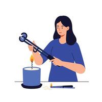Candle making process with a woman using tools in flat art vector