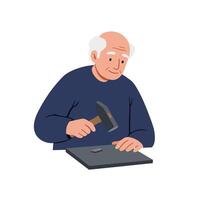 Elderly man crafting with hammer in flat design art vector