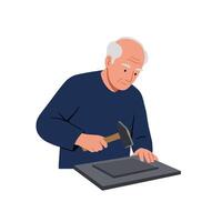 Skilled craftsman using hammer on stone in flat art illustration vector