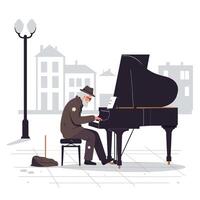Elderly man playing grand piano in urban setting with flat design art vector