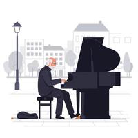 Elderly man playing grand piano in minimal flat art style vector