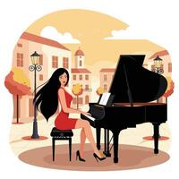Woman playing grand piano in urban setting, flat design style, illustration vector