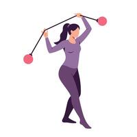Woman performing dynamic dance move with weights in flat illustration vector
