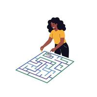 Woman solving a maze with a robot in flat illustration vector