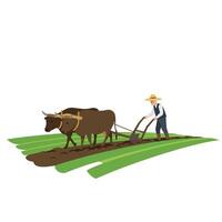Farmer using oxen to plow fields in flat style art vector