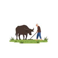 Farmer working with water buffalo in a green field flat illustration vector