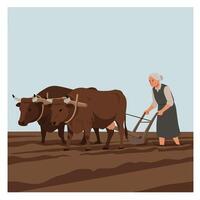 Farmer using oxen to plow field in flat minimal art vector