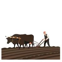 Farmer plowing field with oxen in flat, minimal art style vector
