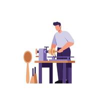 Craftsman shaping wood on lathe in detailed flat illustration vector