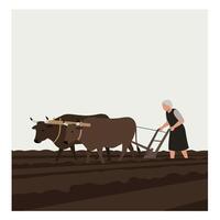 Farmer plowing field with oxen in flat minimal illustration vector