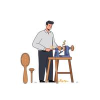 Woodworker using lathe to create spoon and bowl in flat art vector