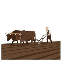 Farmer plowing field with oxen in flat minimal art vector