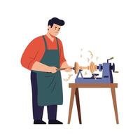Woodworker shaping a piece of wood with lathe in flat art vector