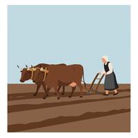Farmer guiding oxen while plowing field in flat illustration vector