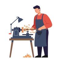 Woodworker using lathe in minimal style art vector