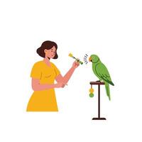 Parrot vaccination process illustrated in flat art style with a caring woman and vibrant colors vector