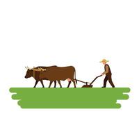Farmer using oxen to plow field in flat art style vector