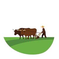 Farmer plowing field with oxen in flat design art vector