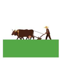 Farmer plowing field with oxen in flat art style illustration vector