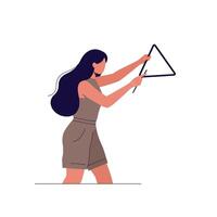 Woman playing a triangle instrument in minimal flat art vector