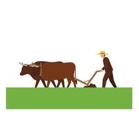 Farmer plowing field with oxen in flat and minimal art vector