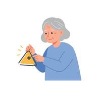 Elderly woman ringing a triangle bell in flat minimal art vector