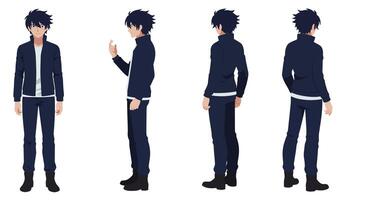 Character design showcase in flat style featuring multiple angles of a young man in art vector