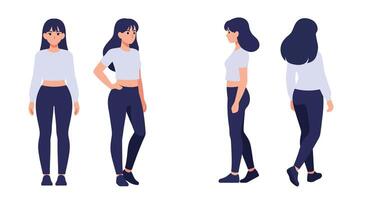 Female character design in flat style showcasing multiple angles in art vector