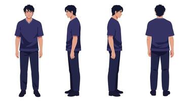 Character design showcasing a male figure in multiple angles flat art vector