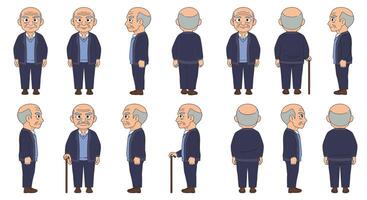 Character transformation shown in flat style art depicting an elderly man with various poses vector