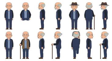 Elderly man character design in flat style showcasing various poses illustration vector