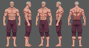 Muscular character design in detailed style showcasing front, side, and back views in illustration vector