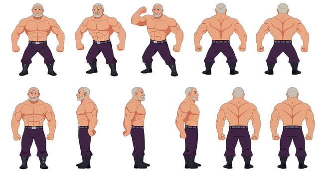 Strong muscular character transformation in flat art with multiple poses and expressions in a sequence vector